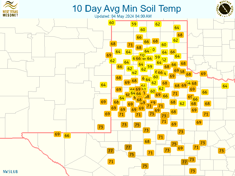 Map displaying the 10-Day Average Minimum Soil Temperatures at the 8" depth. The data are courtesy of the West Texas Mesonet. Click on the above map for zoomed-in views.